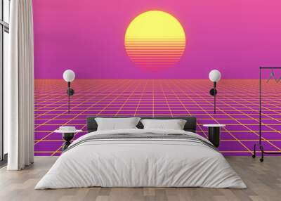 Retro abstract background futuristic neon landscape 1980s style. Perspective grid in retro style. Digital cyber surface style of the 1980`s.  80s party.  Palm trees and sun. Sunrise and sunset      Wall mural